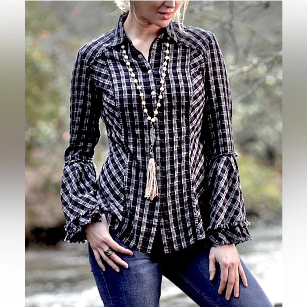 Crow & White Plaid Tier Bell-Sleeve Button-Up - Picture 1 of 11